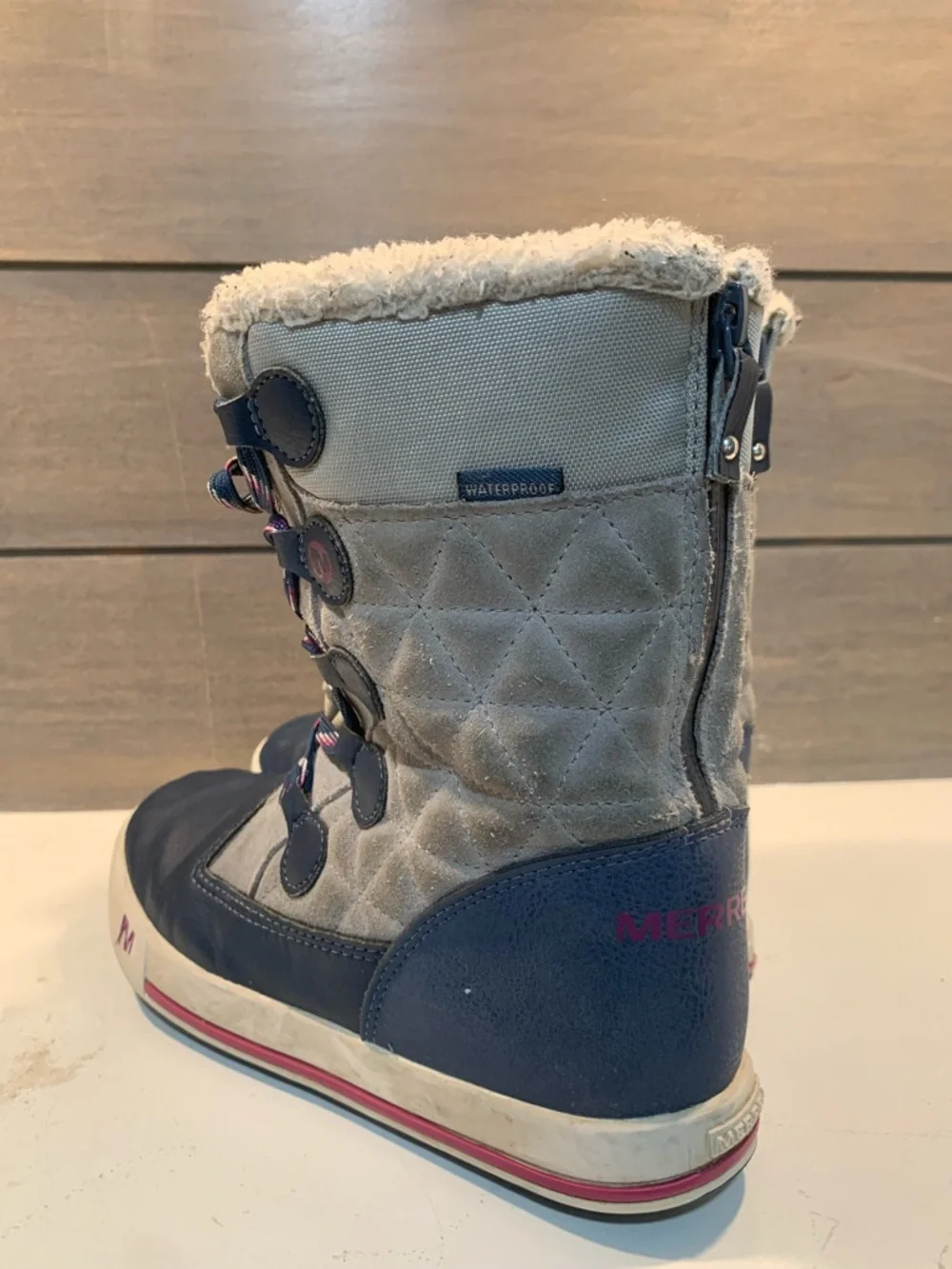 Merrell Kids Heidi Waterproof Boots Gray & Navy Sz 3 Winter Snow Quilted Casual